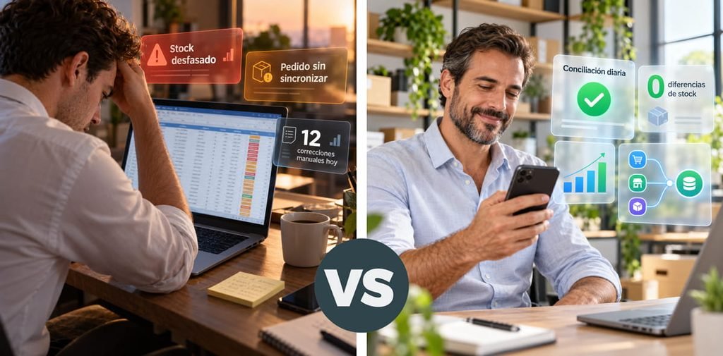 Comparación ilustrativa entre corregir inventario y pedidos manualmente y operar con sincronización y conciliación automática.