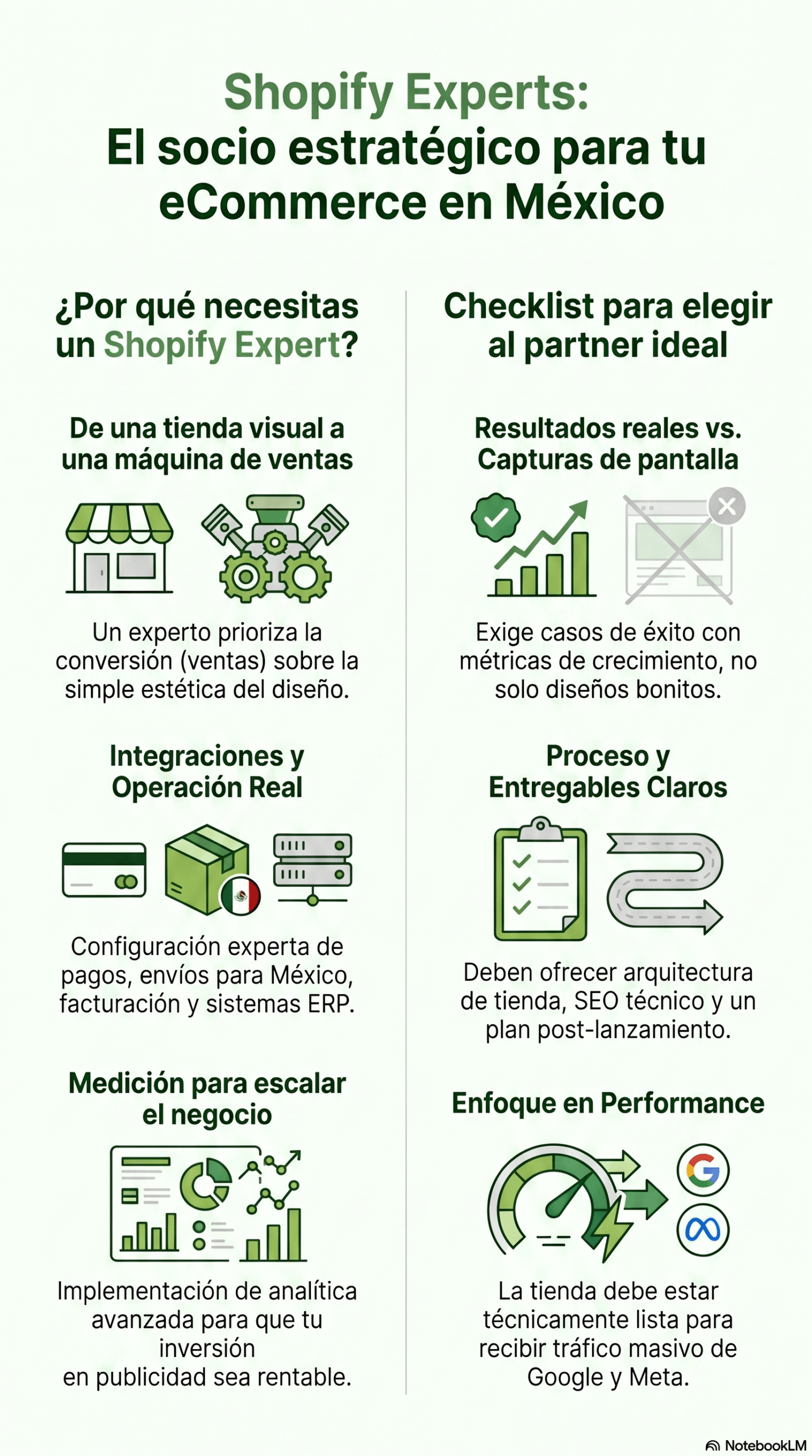 Guía visual en español sobre Shopify Experts con secciones para entender por qué necesitas un experto y cómo elegir al socio ideal en México.