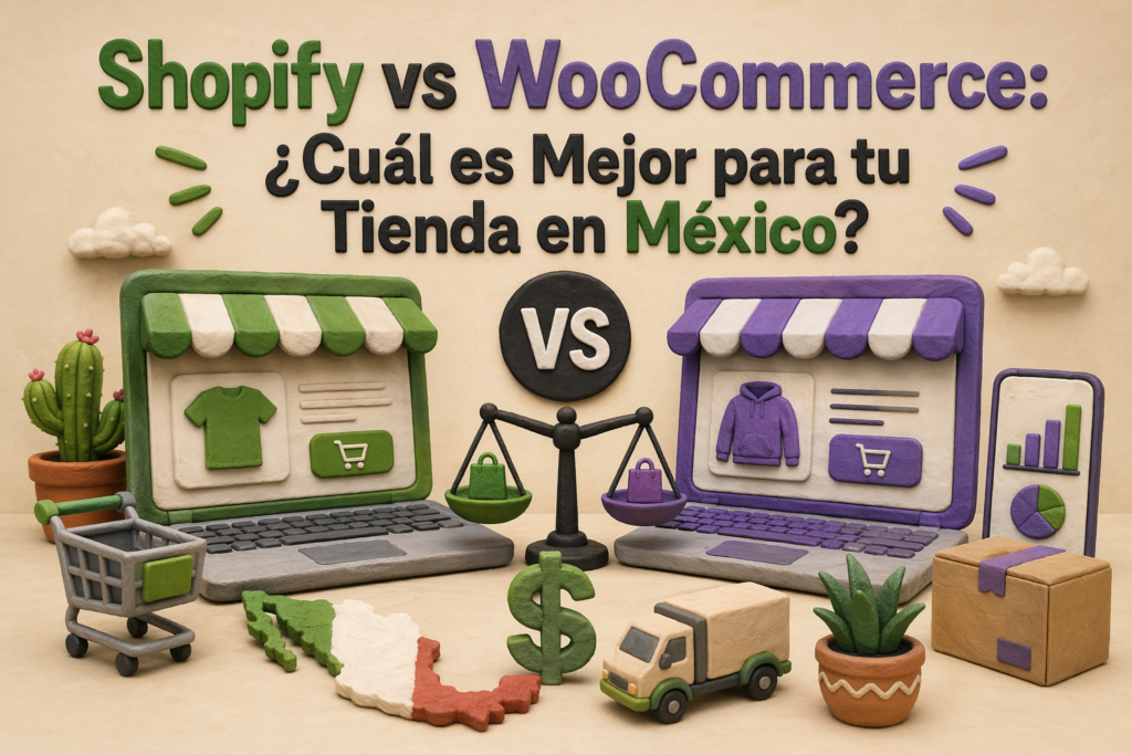 Clay diorama comparing Shopify and WooCommerce: two laptop storefronts facing off on a balance scale, with Mexico map pieces and shopping icons nearby.